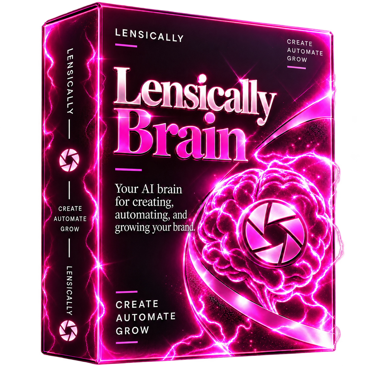 Electric hot-pink Lensically Brain product box with the Lensically logo